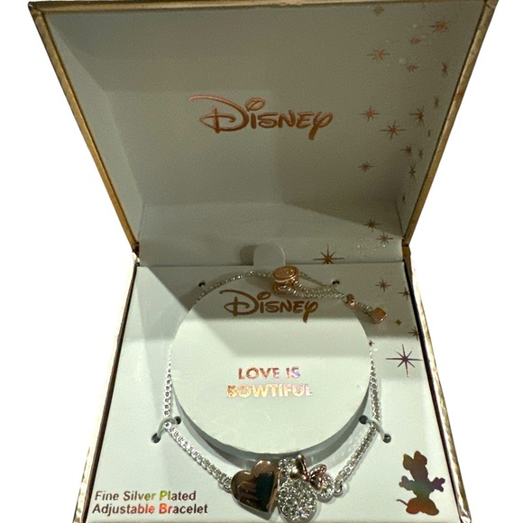 New! Disney Bracelet, Fine Silver Plated Adjustable “Love is Bowtiful” Bracelet - Picture 2 of 6
